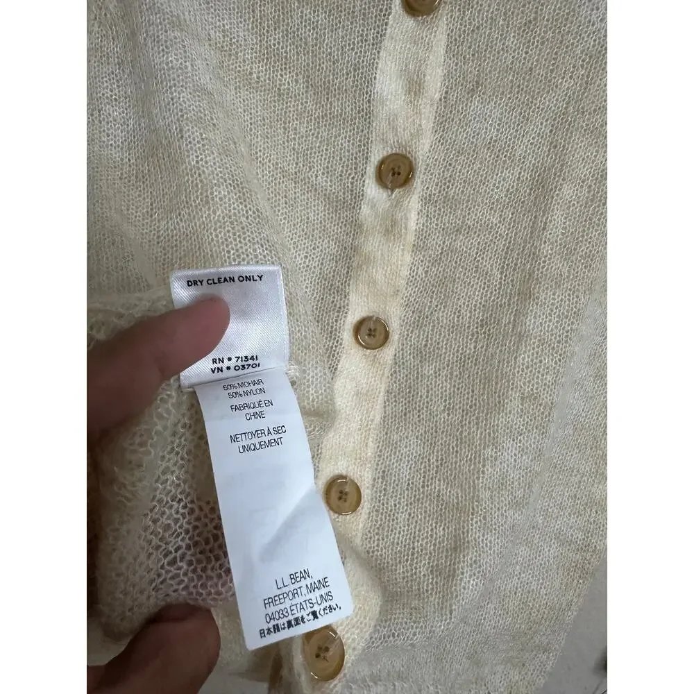 L.L.Bean Mohair Cardigan Sweater Fuzzy Sheer Halo Knit Ivory Womans XS